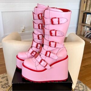 Rare YRU Platform Boots Knee High Pink Strawberry Dune Size 9 Strap Cosplay